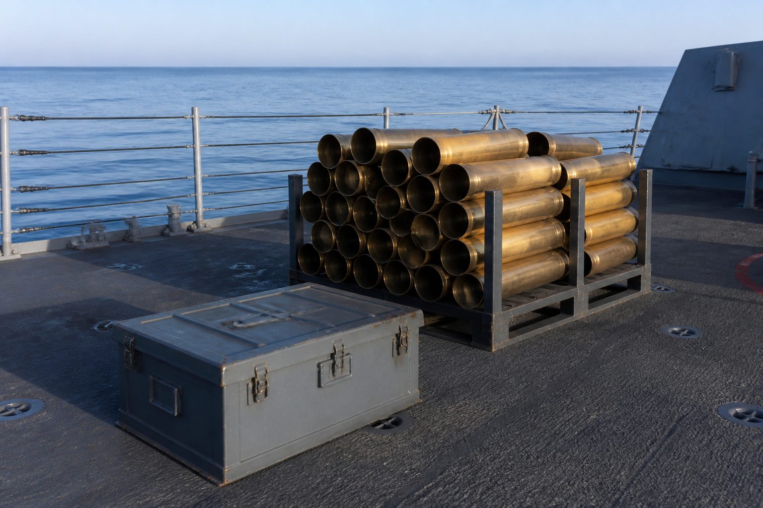 Empty casings and a closed crate on a ship deck at morning.