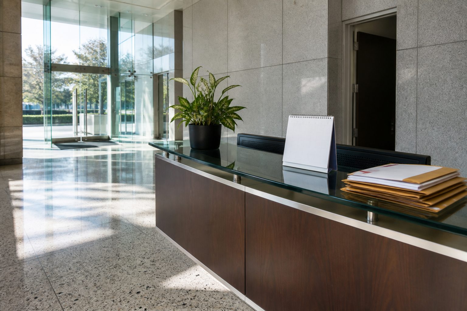 An empty glass lobby and a blank calendar.