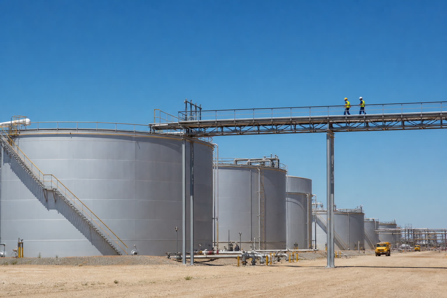 Silver storage tanks and a walkway, two workers in vests.