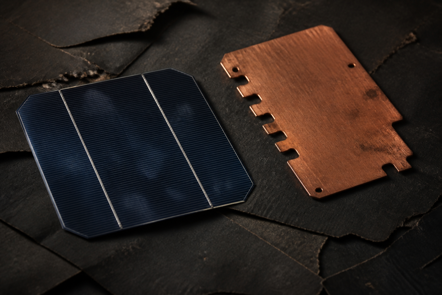 A solar wafer and a copper radiator plate on blotter. Heat is the constraint.