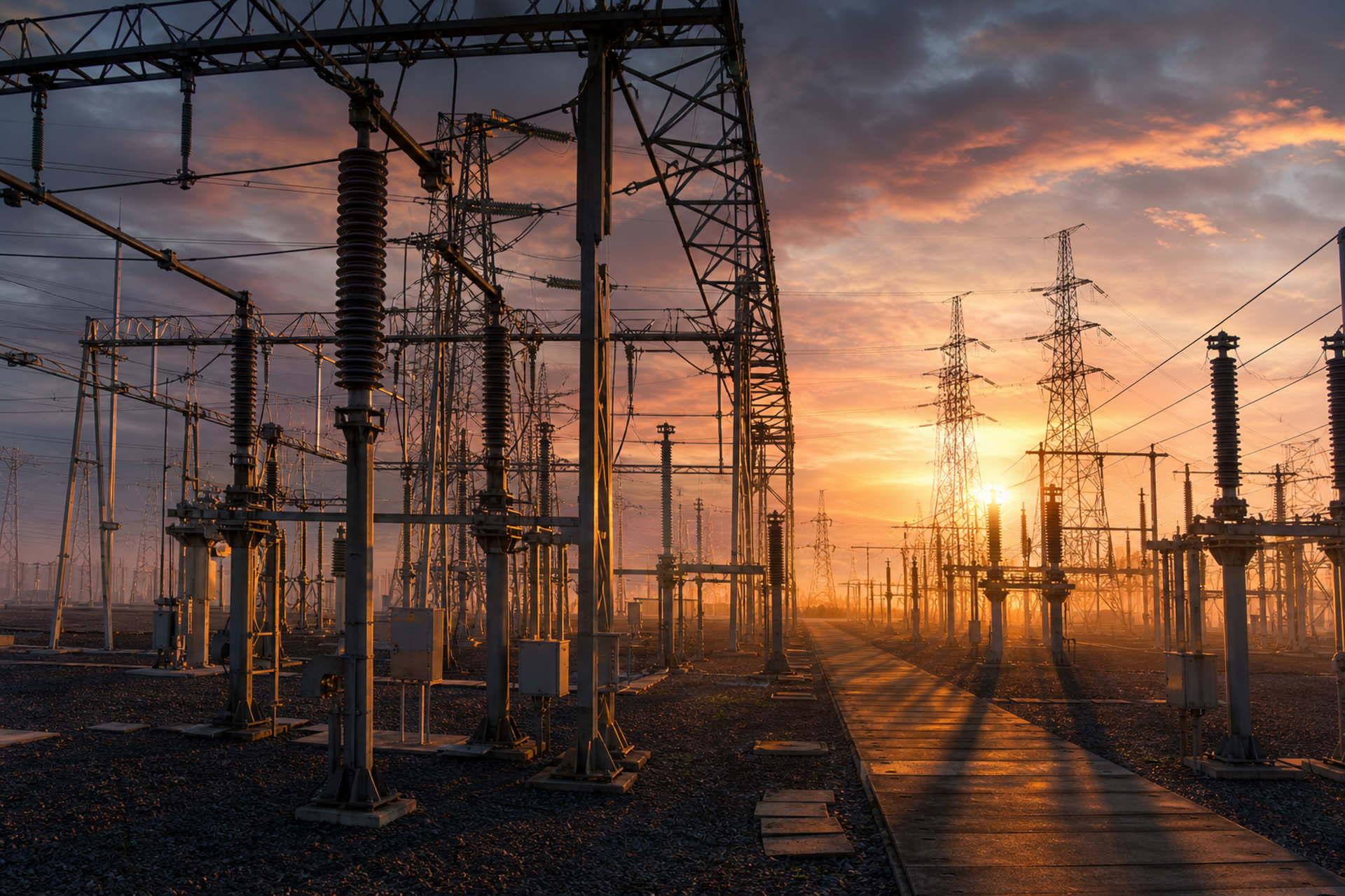 Pylons and insulators at a substation in low sun.