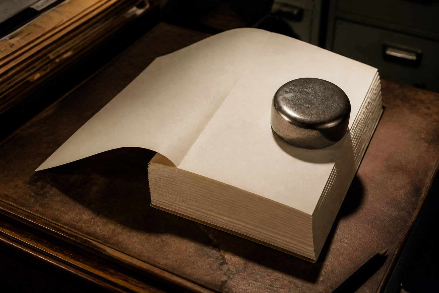 A blank open book on a dark desk, a round steel weight on the right-hand page, no printed figures.