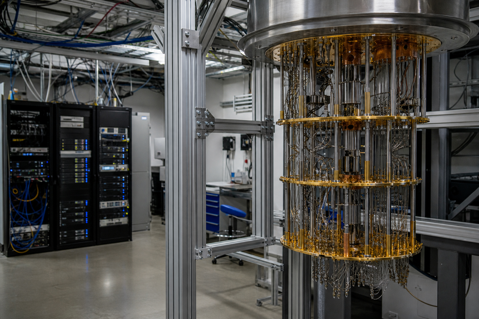 A gold-plated dilution refrigerator, the chandelier of a quantum computer, beside server racks.