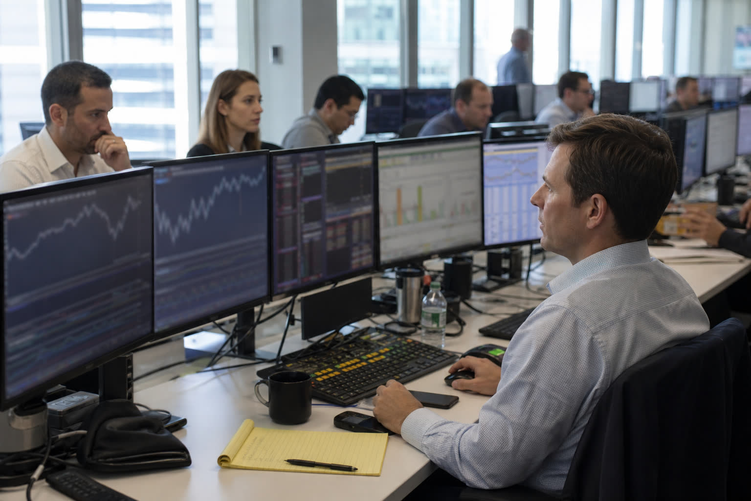 People at a long desk of screens in daylight.