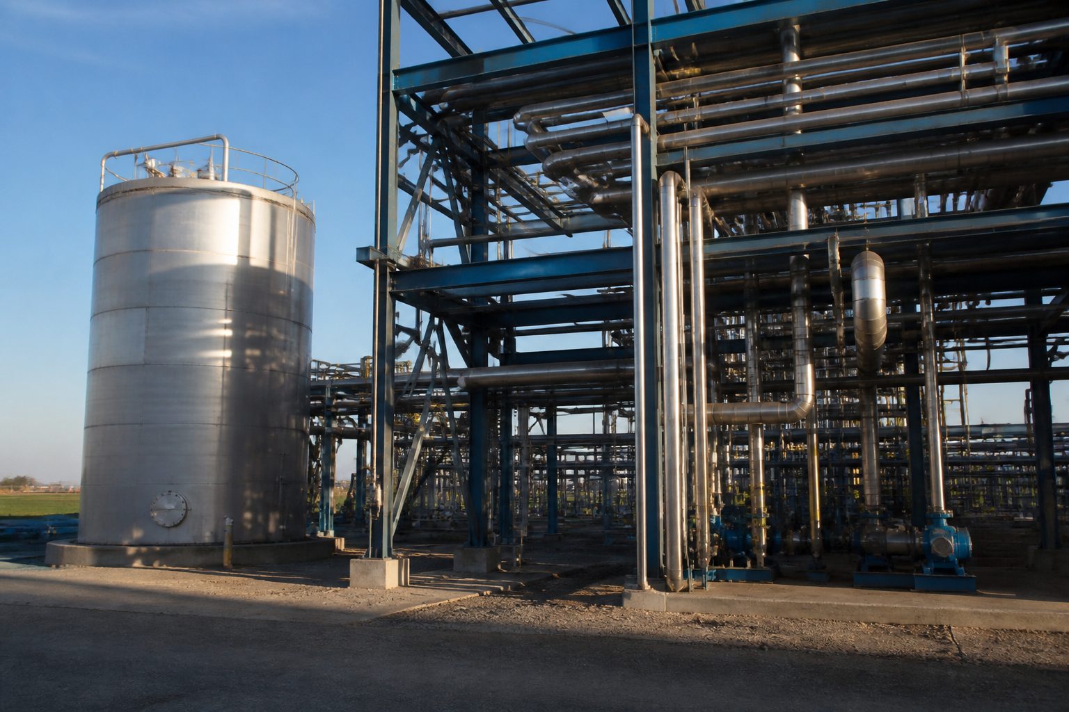 A pipe rack and one stainless tank in morning light.