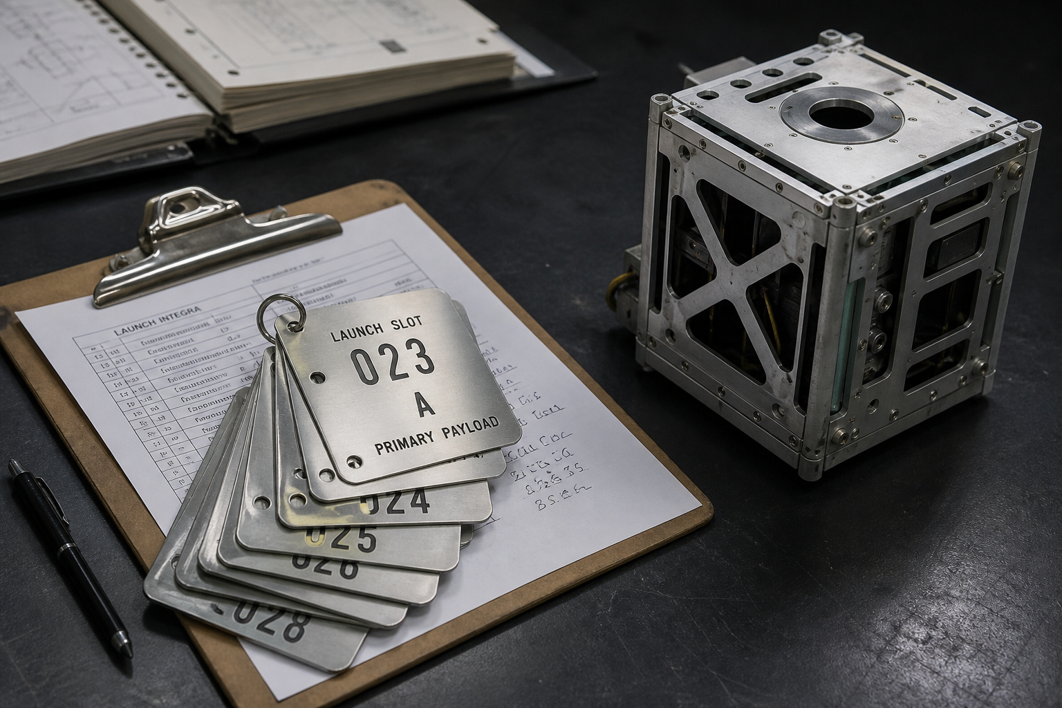 Numbered launch-slot tags and a plain aluminum bus. The meeting is the tell.