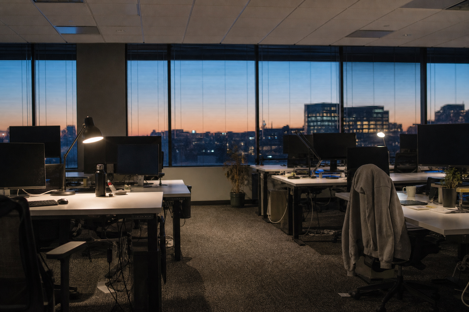 A mid-market software floor at dusk. Seat-based rooms go quiet first.