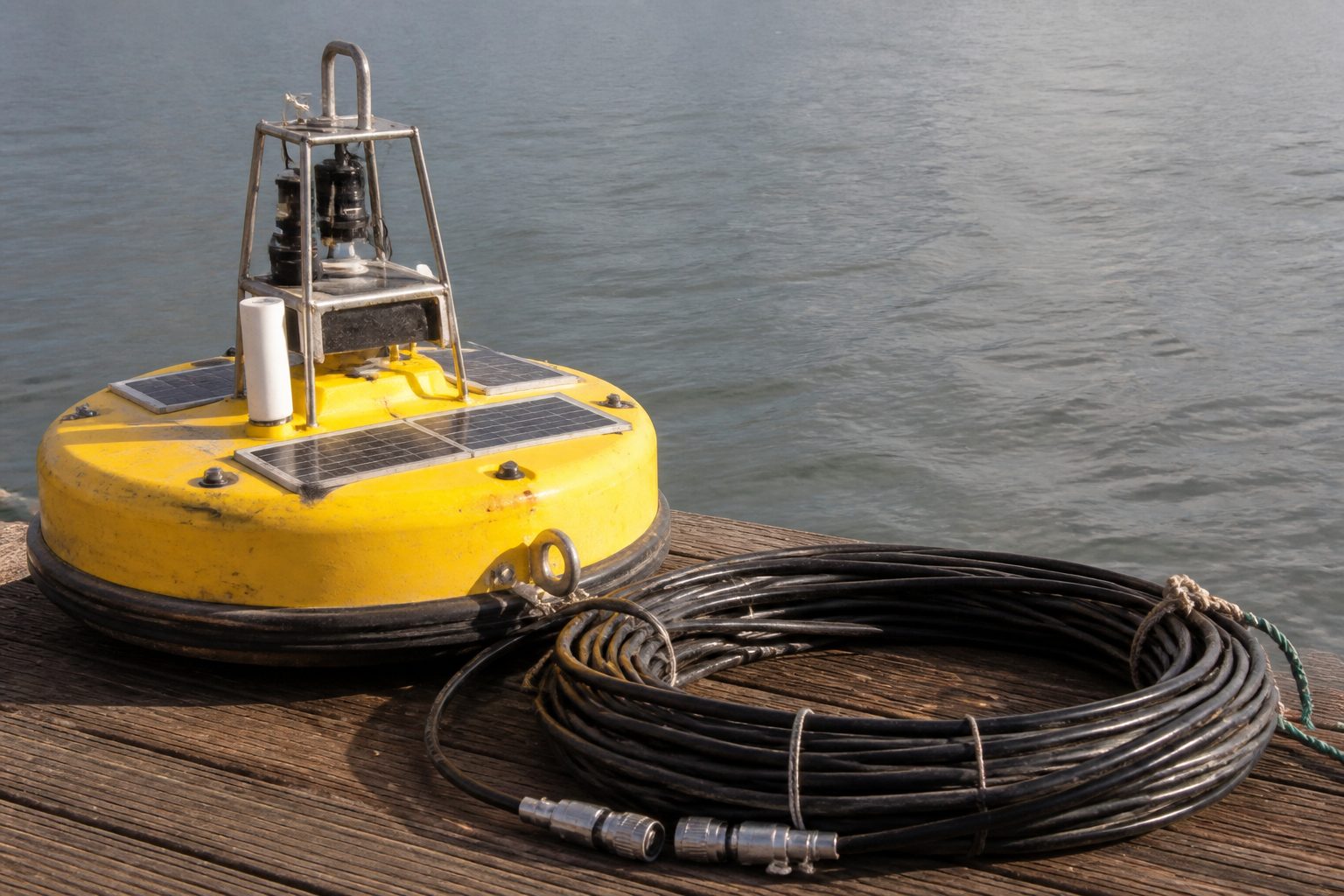 A yellow buoy and a coiled black cable on a wooden dock.