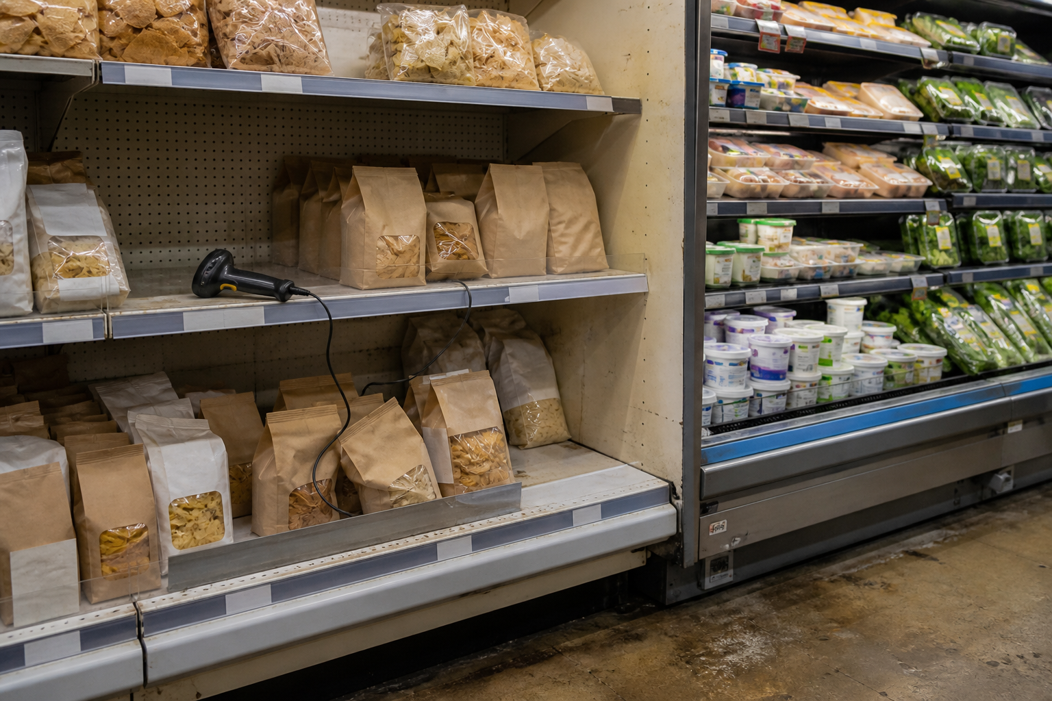 Snack bags thinning; protein and greens holding in one bay.