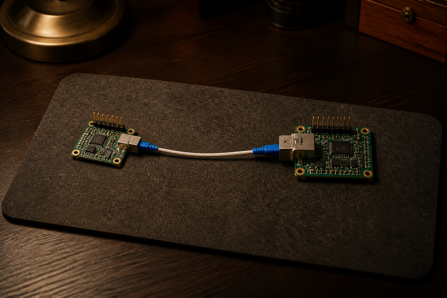 Two small boards and a length of optical fibre.
