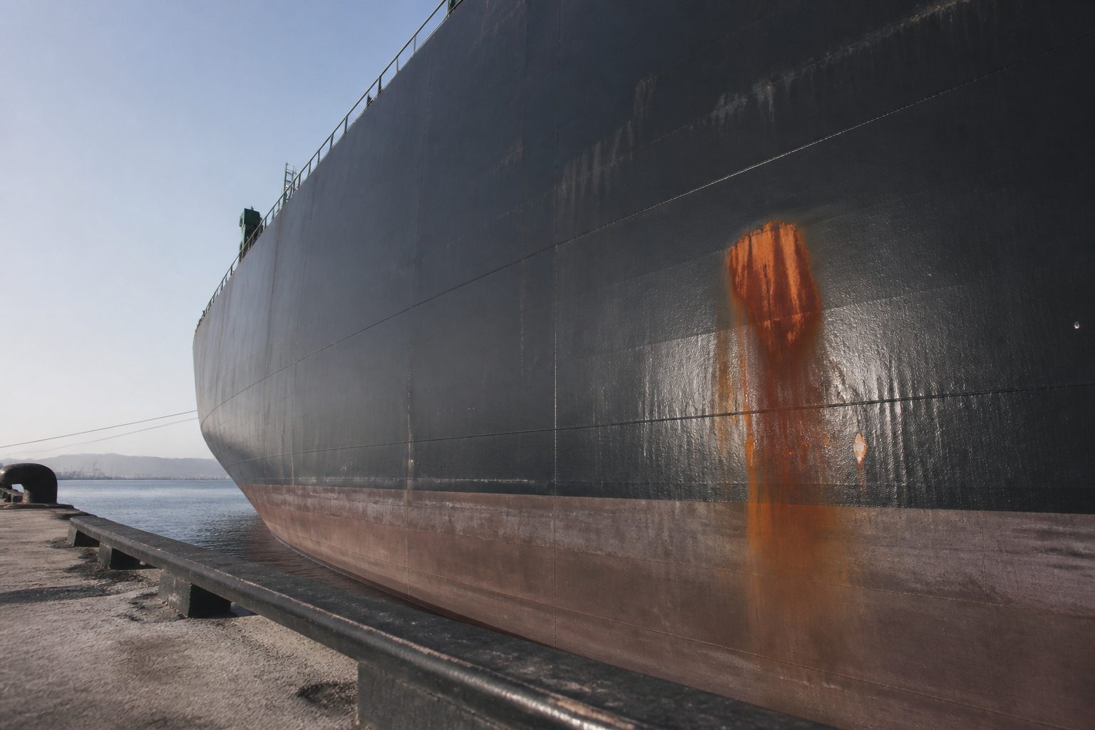 A dark tanker hull from a quay, no readable name.