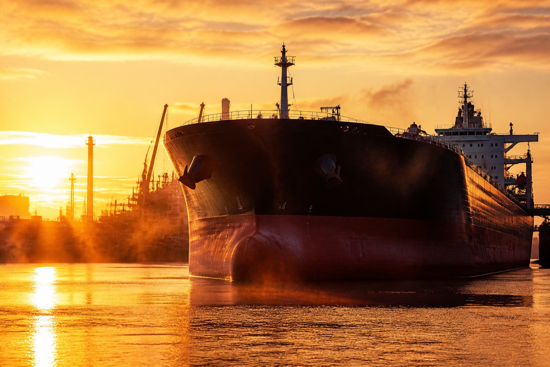 The bow of a tanker at a port in low sun.
