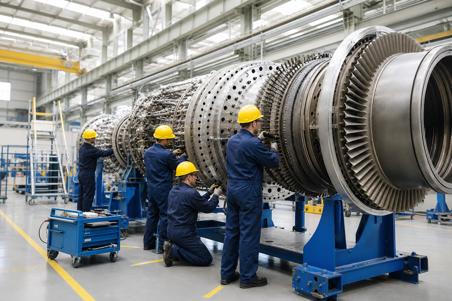 Workers on a turbine on stands in a hall.