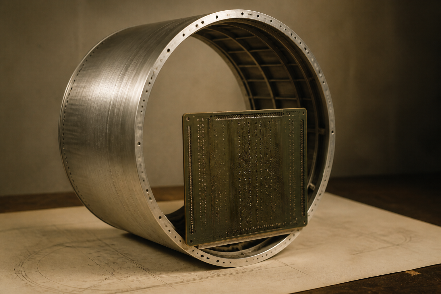 A cut aluminium ring nested on a bare card. The fairing is the hall.